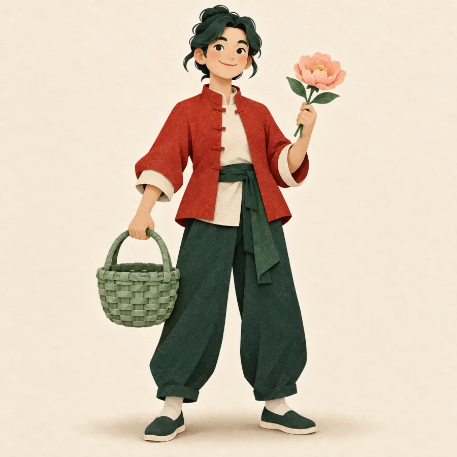 A person carrying a basket and flower