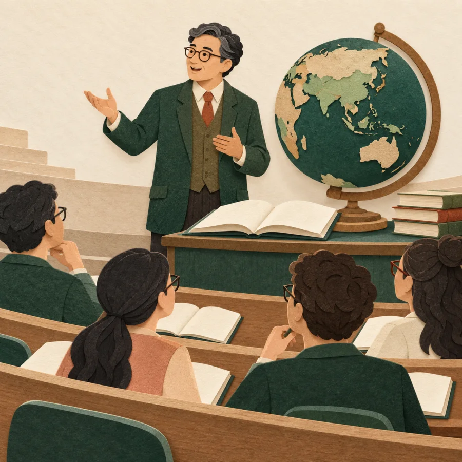 People in a lecture hall listen to a speaker beside a globe