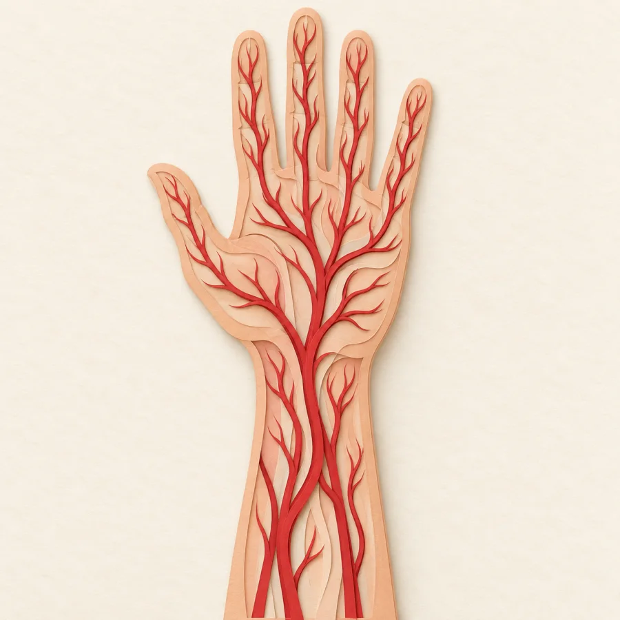 A hand and forearm with branching red tubes inside