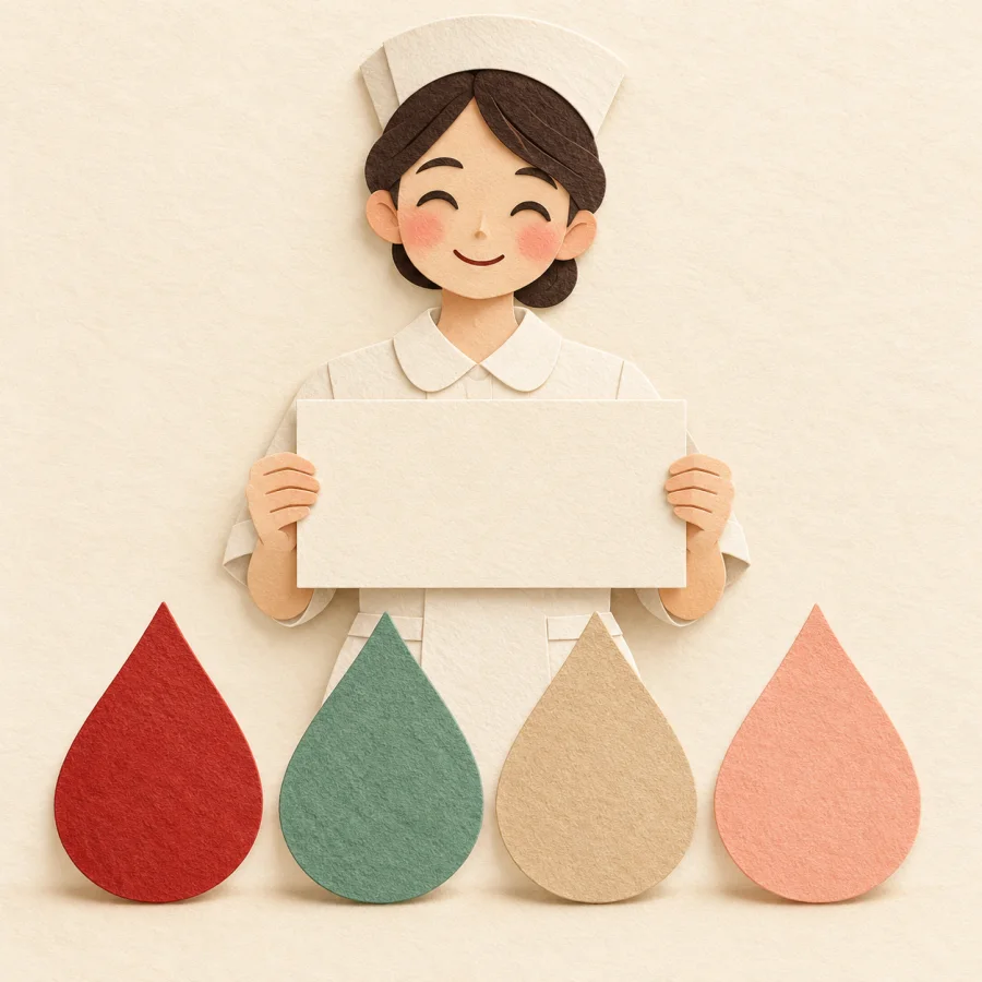 Four differently coloured drops in a row before a smiling nurse
