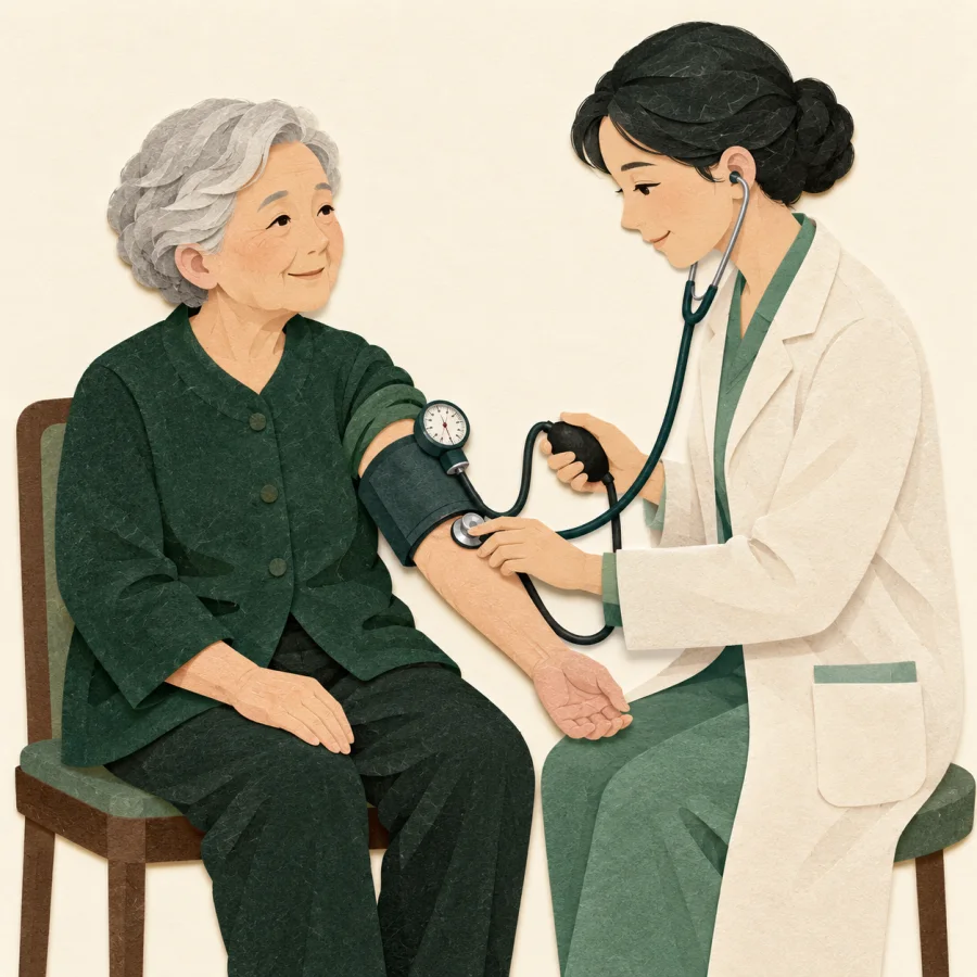A doctor puts a cuff on an elderly person's arm