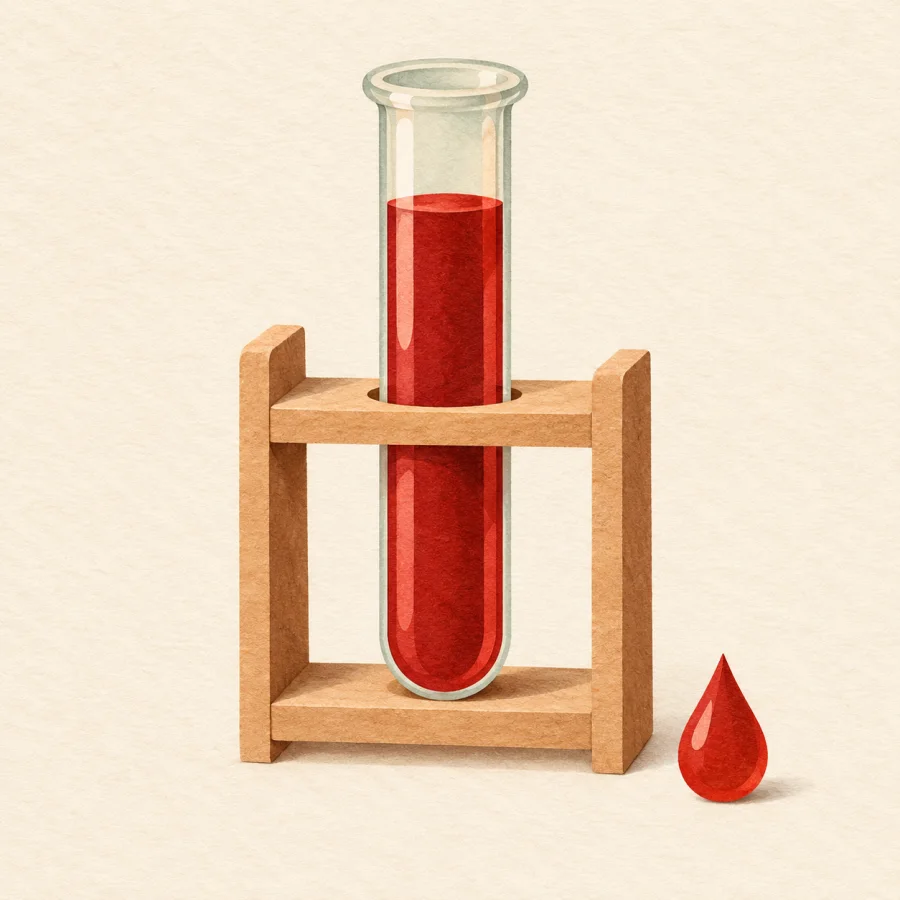 A test tube of red liquid in a rack