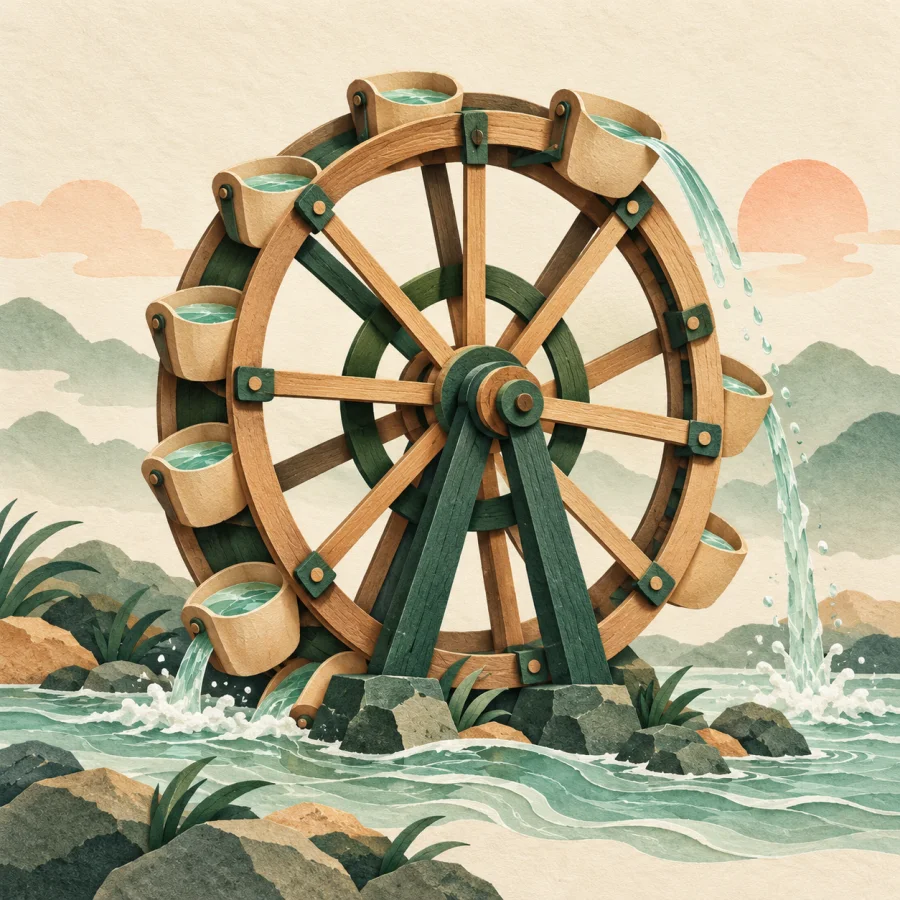 A water wheel scoops water and pours it back into the stream