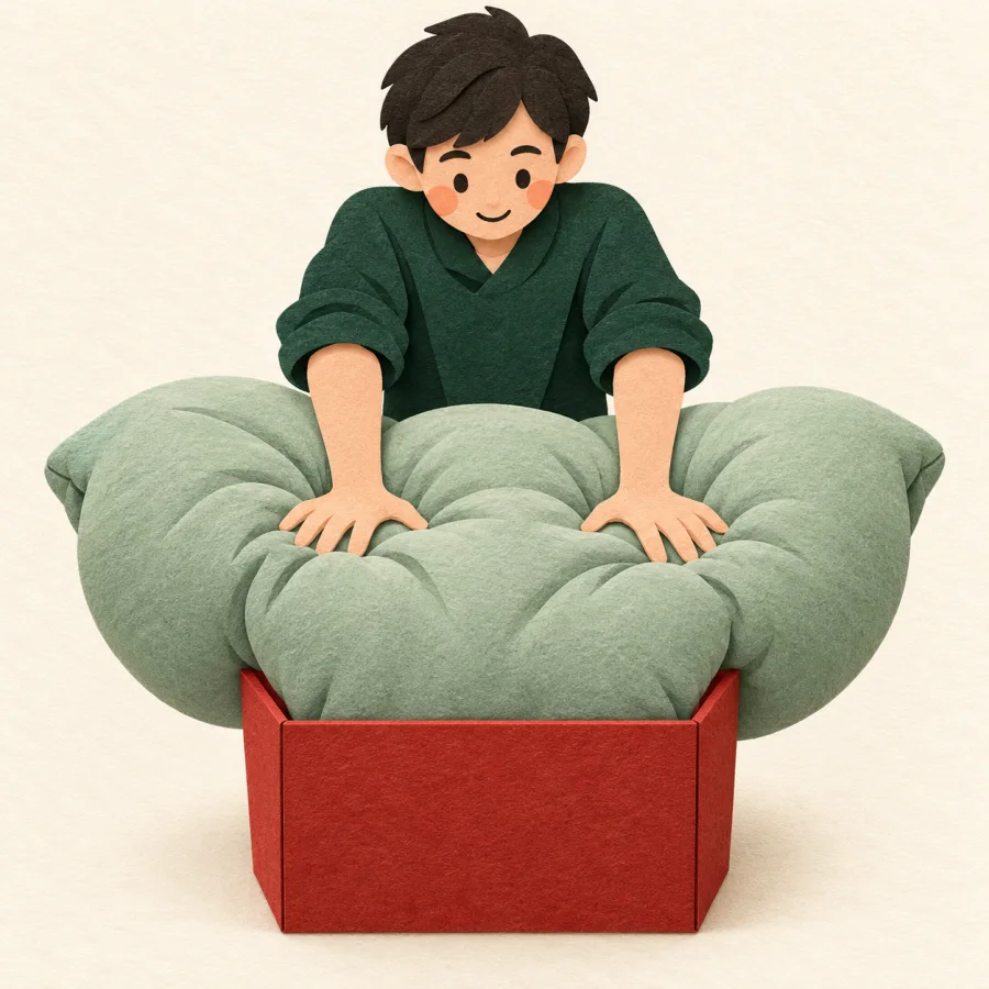 A person squeezes a big soft pillow into a small box