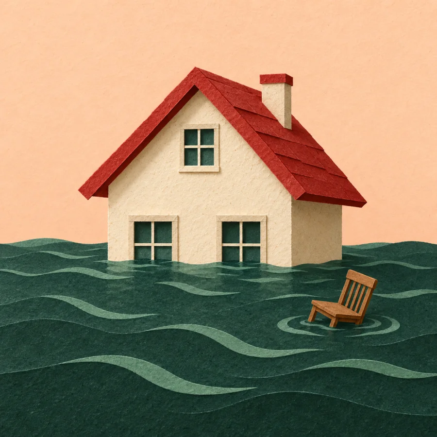 A small house stands in water up to its windows
