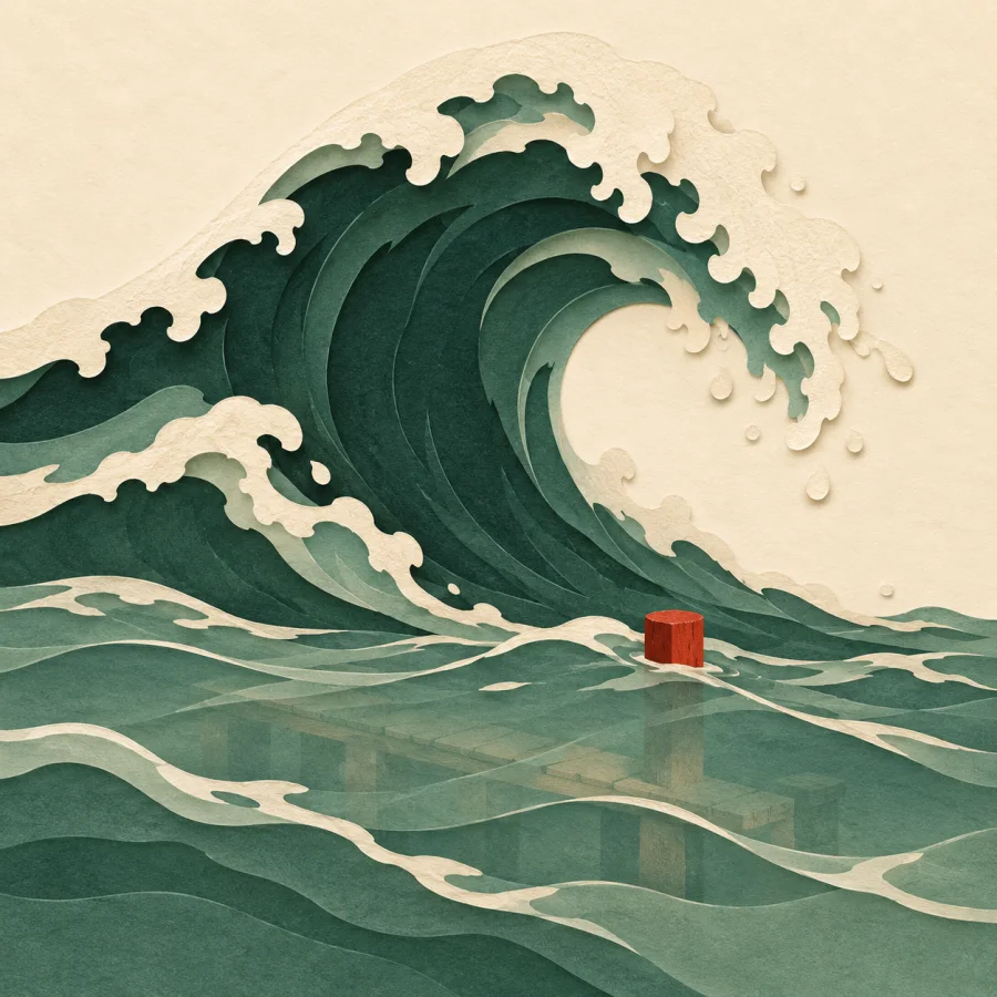 A huge wave covers a small pier