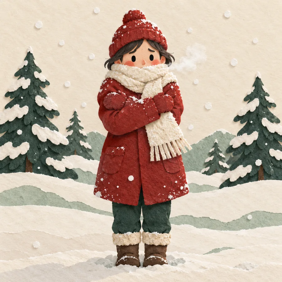 A person in a red coat shivers in the snow