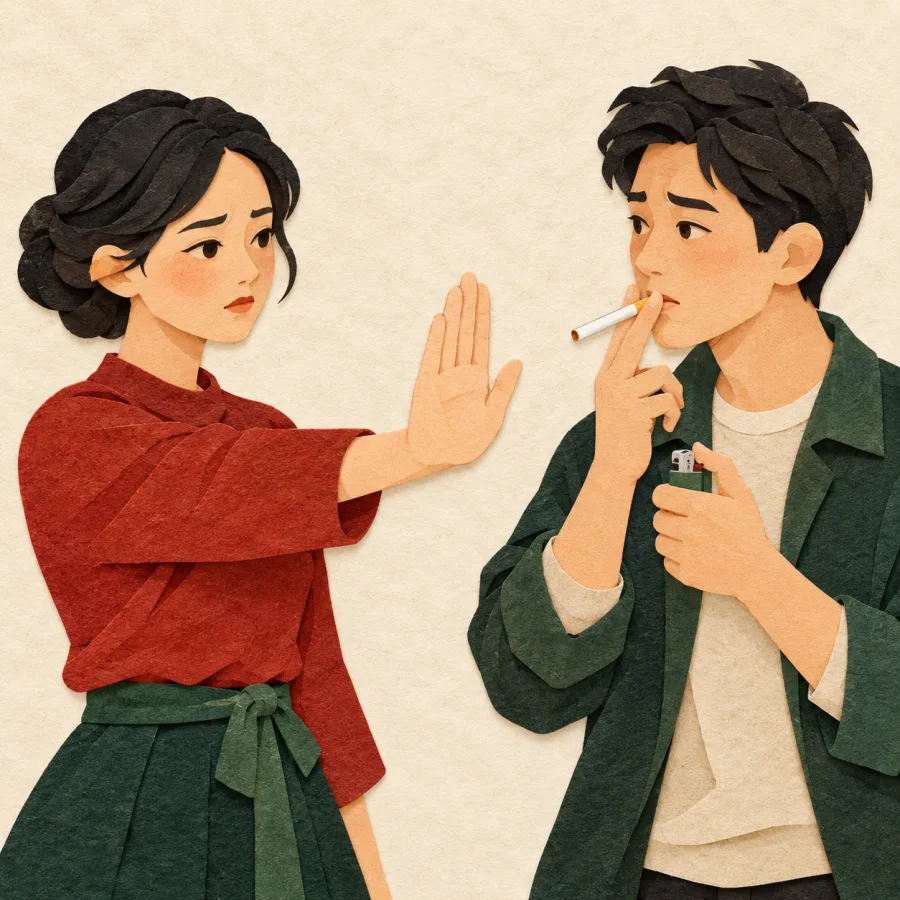 A person raises a palm to stop someone from smoking