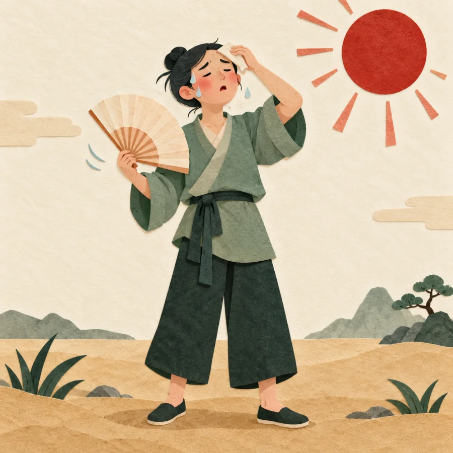 A person with a fan under a hot red sun