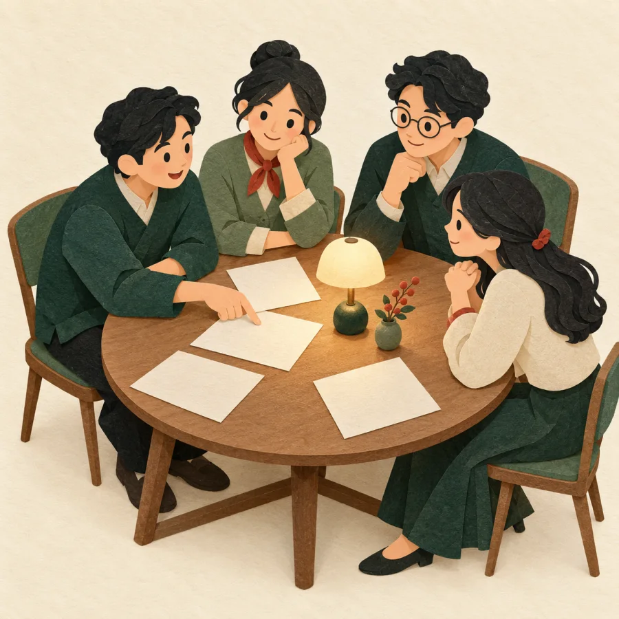 Four people discuss papers around a round table