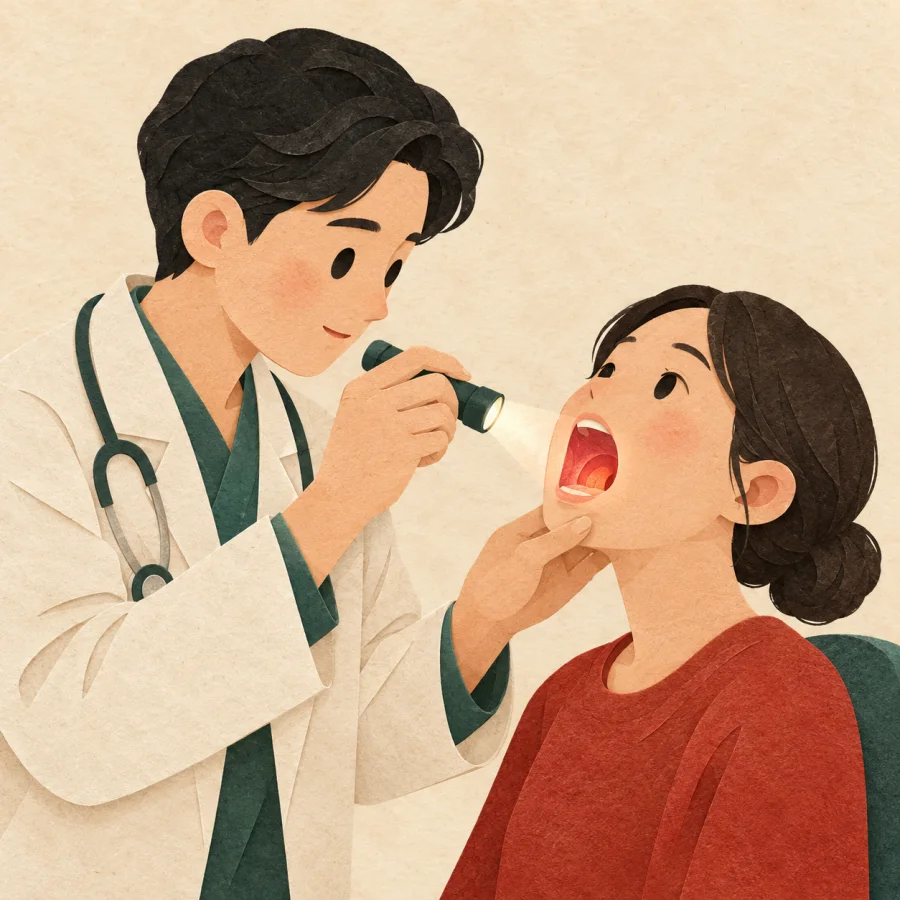 A doctor looks into a patient's red throat