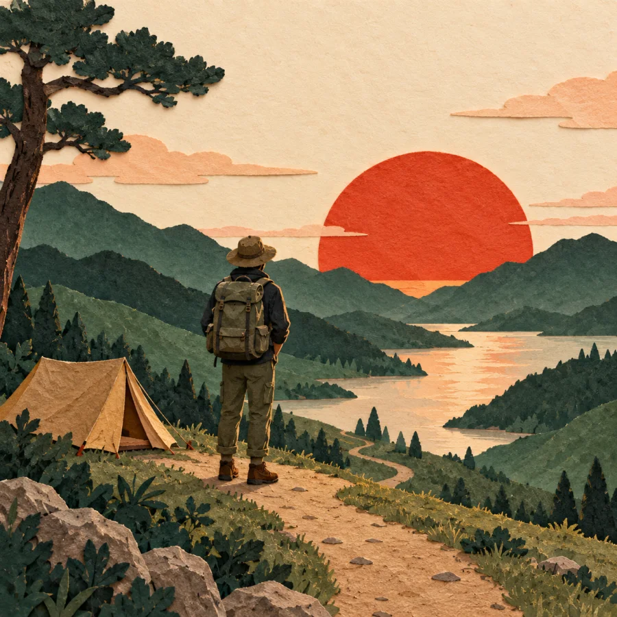 A traveler watches the sun sink behind the hills