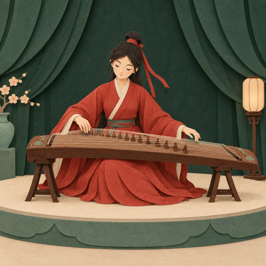 A musician in red plays a zither on a stage