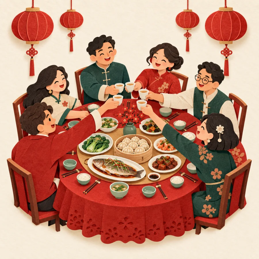 Guests raise cups at a table full of dishes