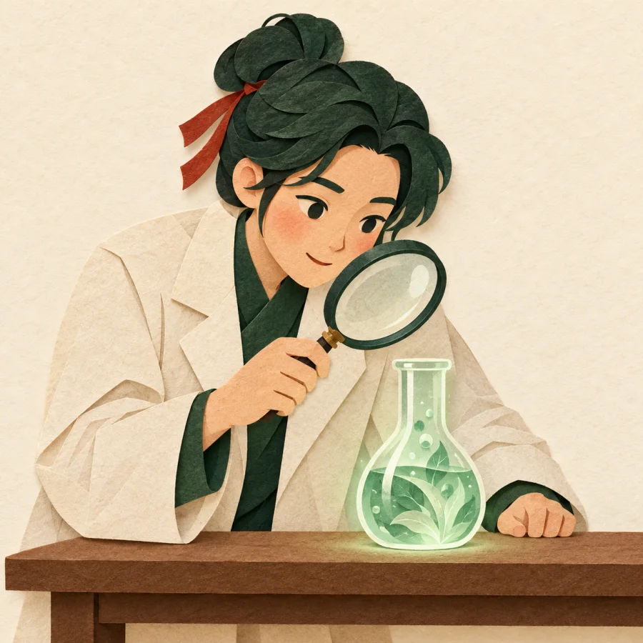 A scientist examines a flask through a magnifying glass