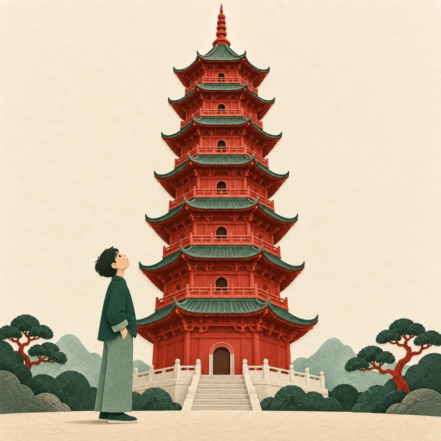 A person tilts their head back to look at a tall pagoda