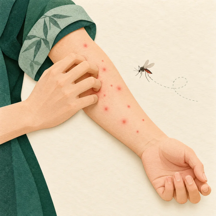 A person scratches an arm with red dots
