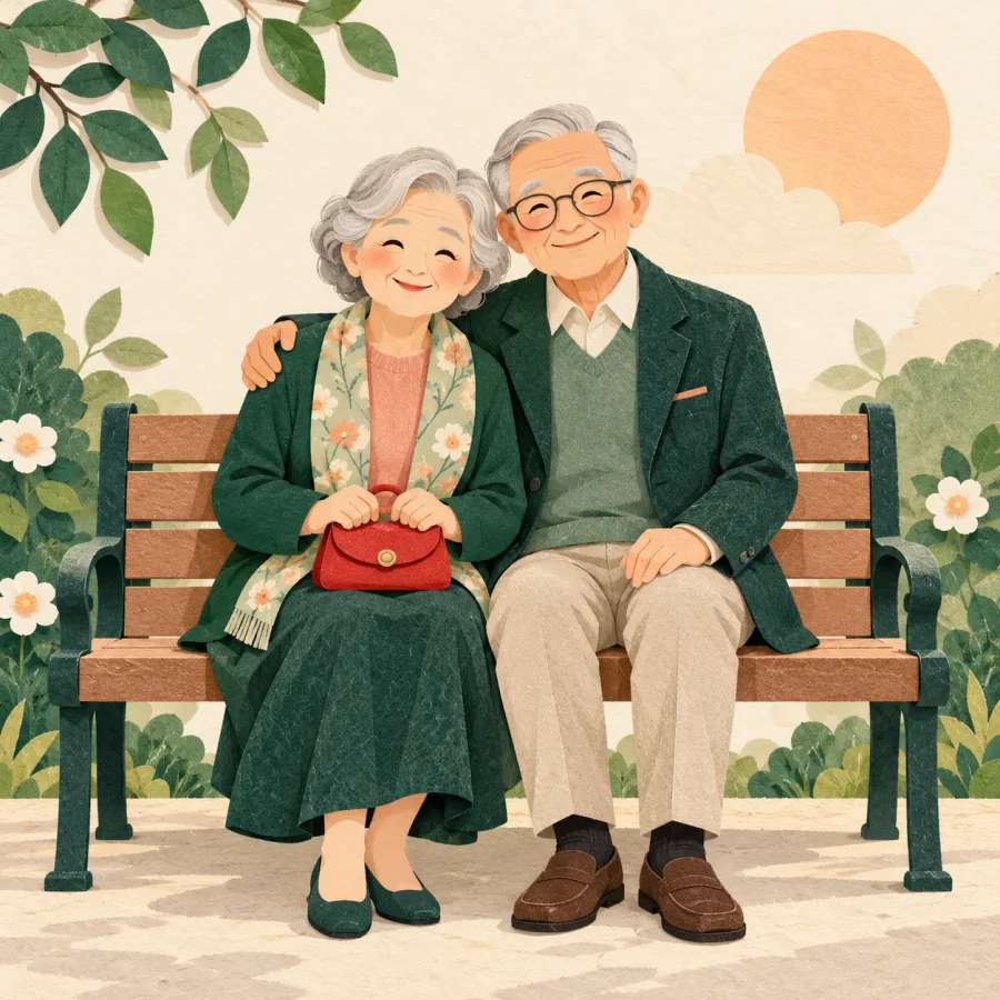 An elderly couple sits on a garden bench