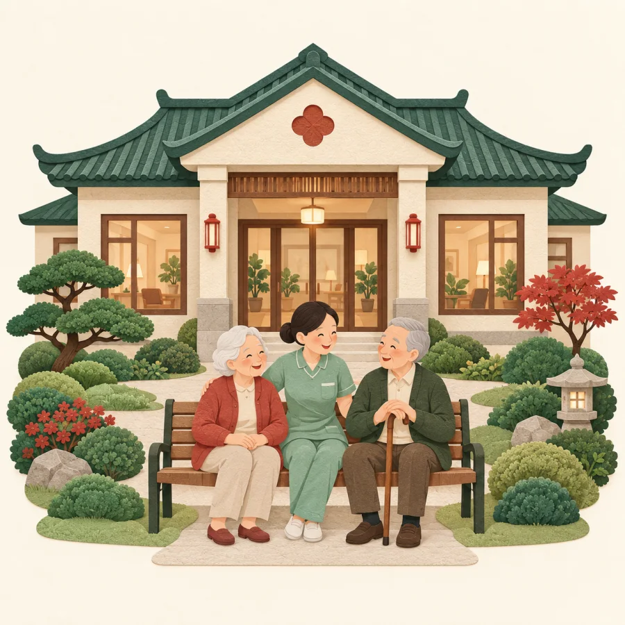 A low building with a garden where elderly people sit