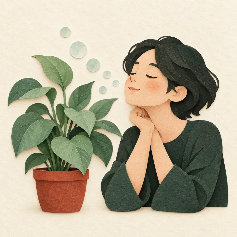 A potted plant and a person breathing in deeply