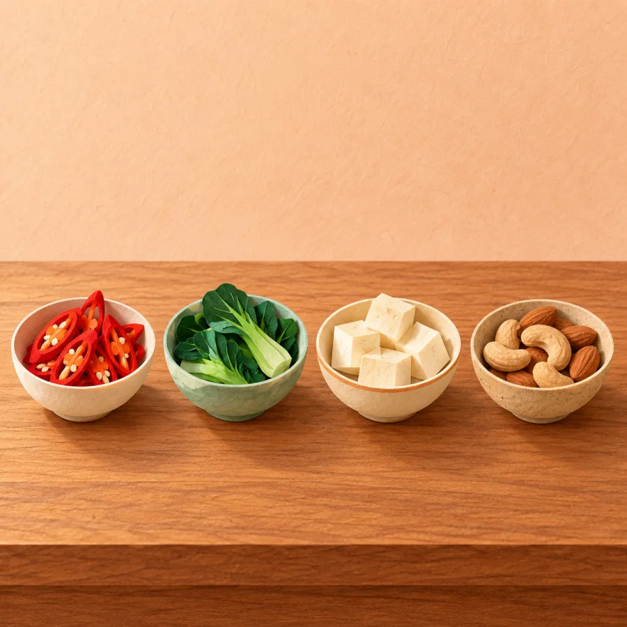 A wooden table with several different small dishes