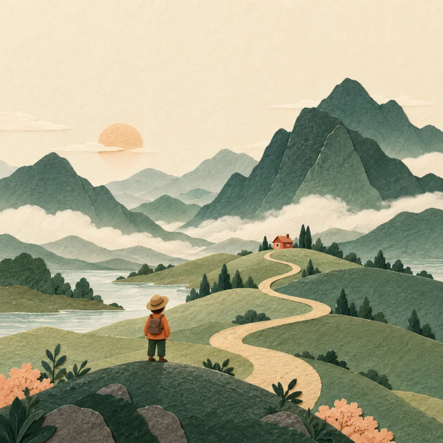 A tiny person looks at faraway mountains
