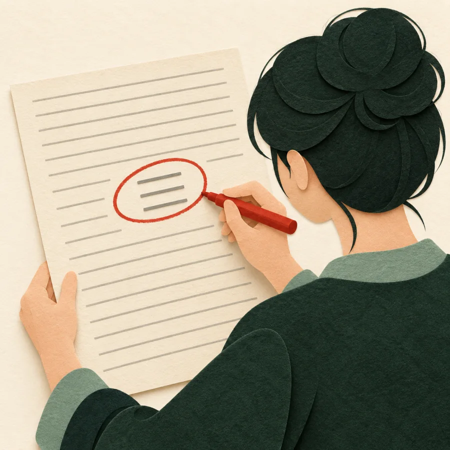 A person highlights three lines on a page with a red marker