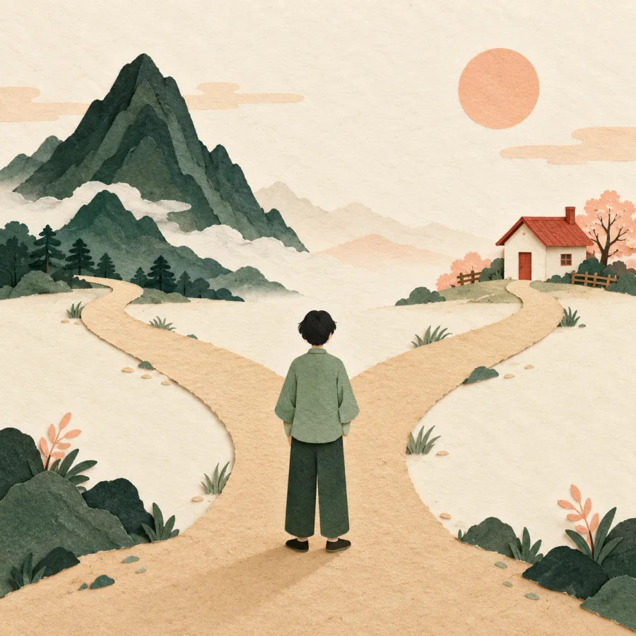 A person at a fork in the road chooses a path
