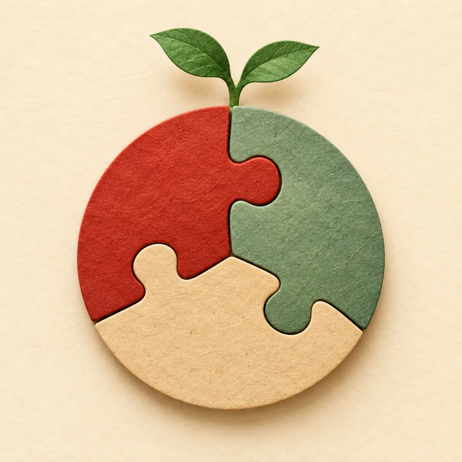 Three puzzle pieces fit into a circle with a sprout
