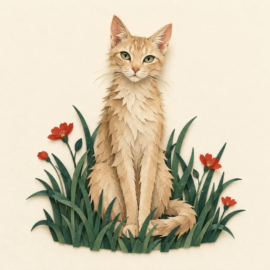 A thin cat sits in tall grass among wildflowers