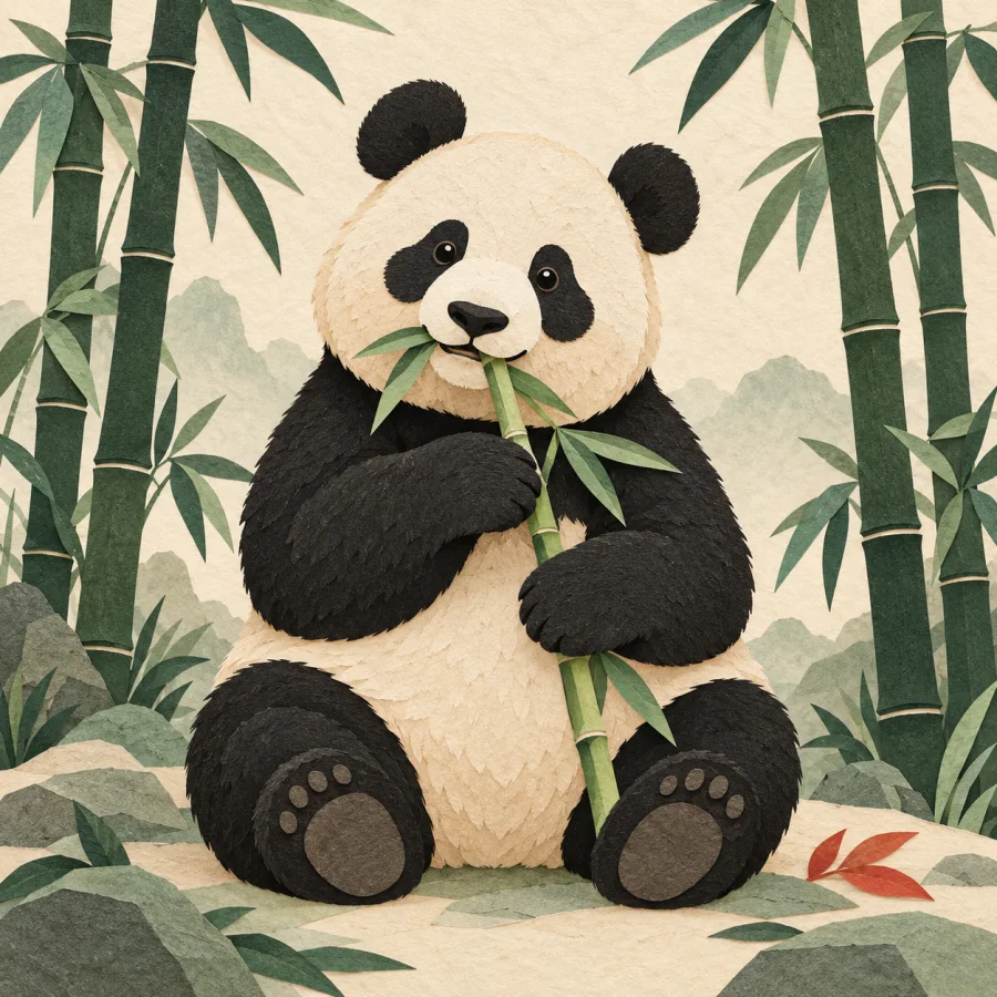 A panda eats bamboo in a dark green forest
