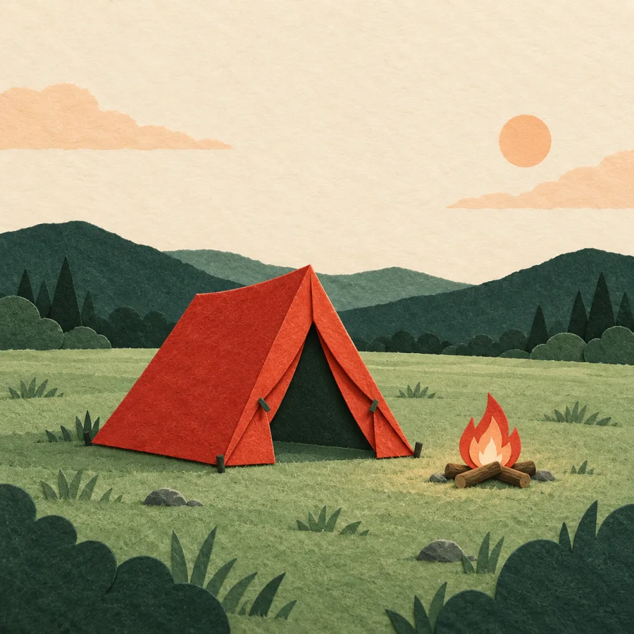 A red tent in a meadow near distant hills