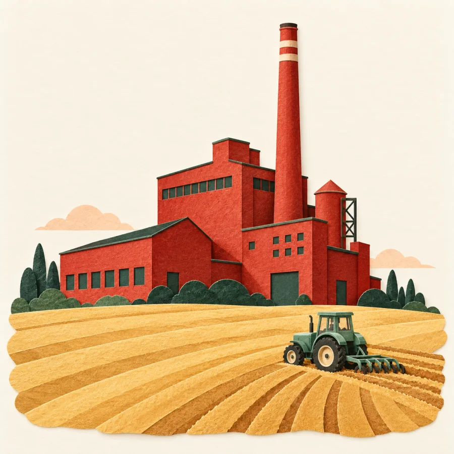 A red factory with a chimney beside a field and a tractor