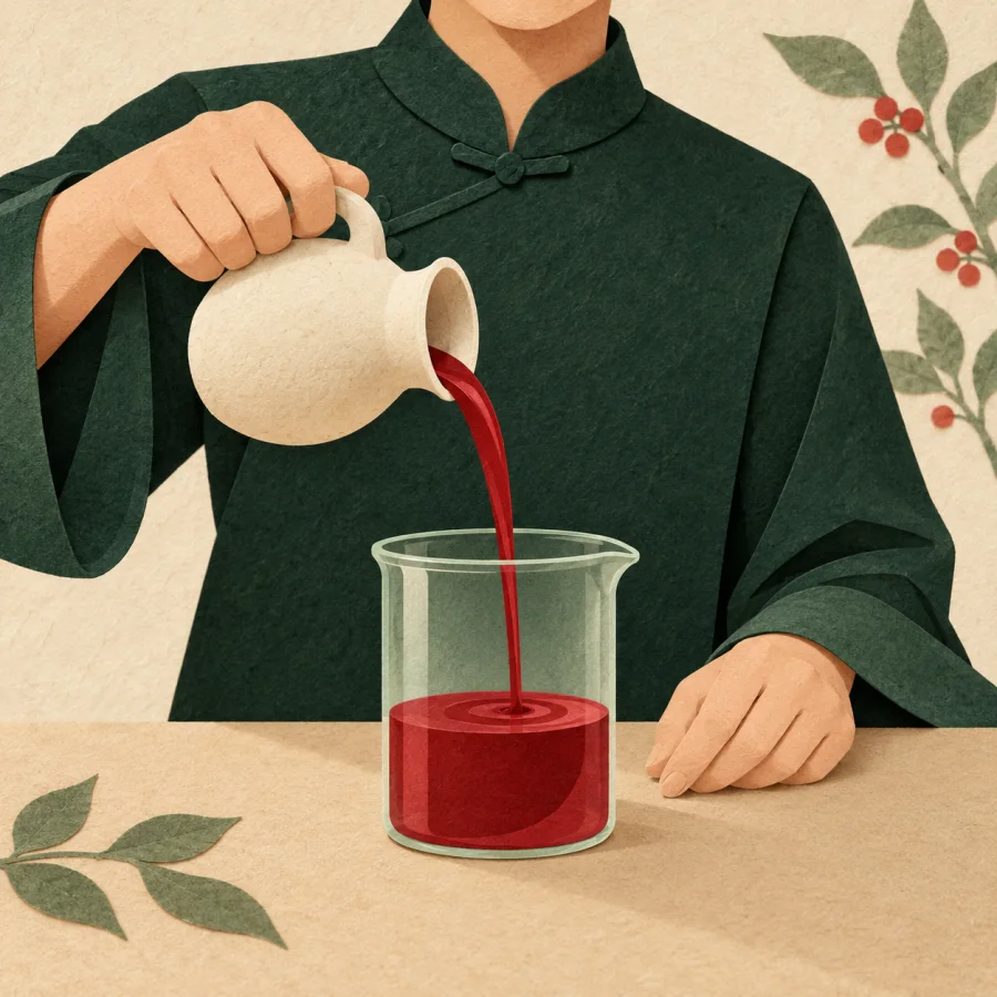 A person pours red liquid into a glass beaker