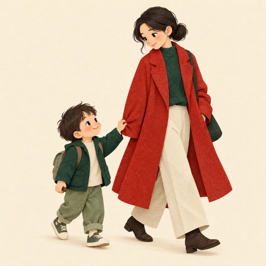 A small child holds tightly to an adult's sleeve