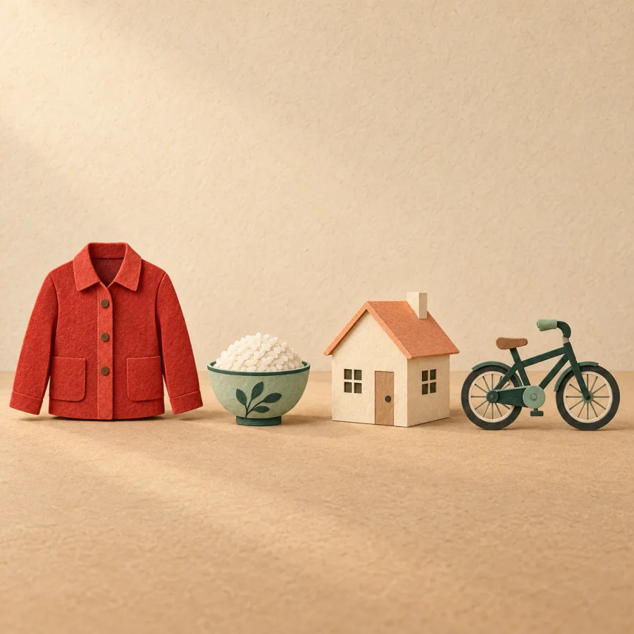 A jacket, a bowl of rice, a small house and a bicycle in a row