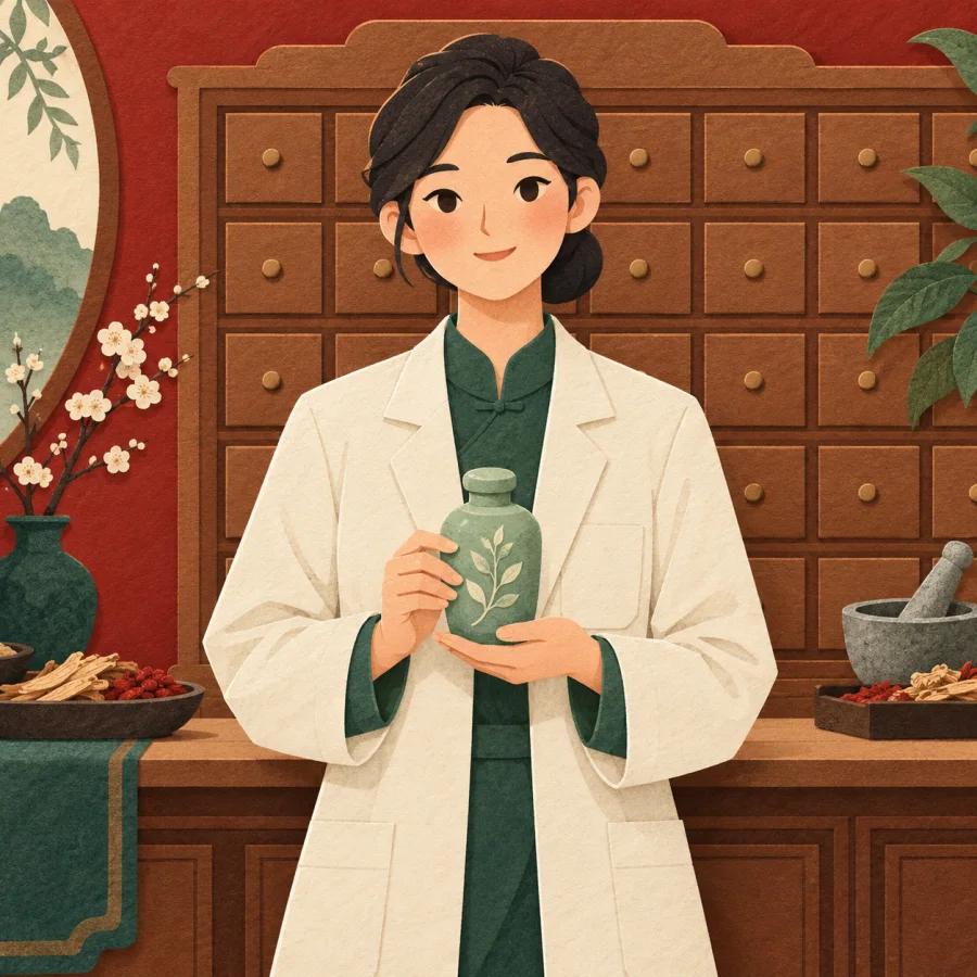 A pharmacist holds a green bottle by a cabinet of drawers