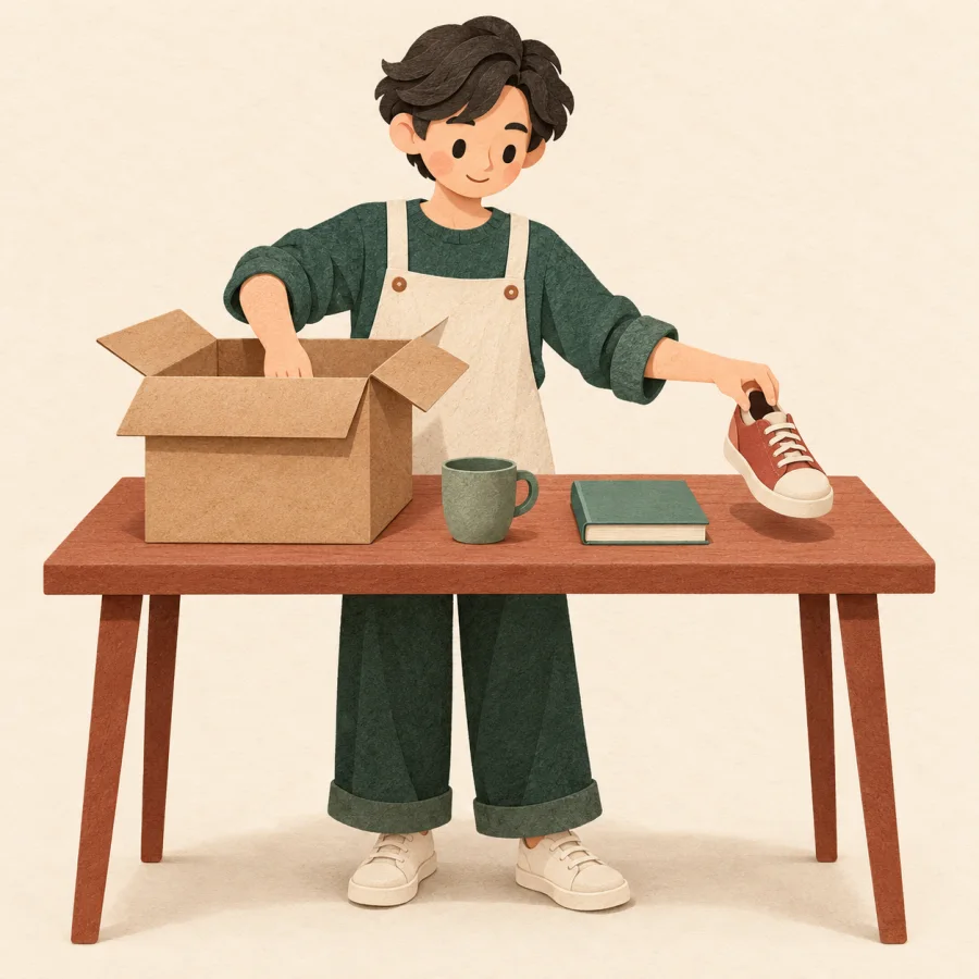 A person takes things from a box and lines them up
