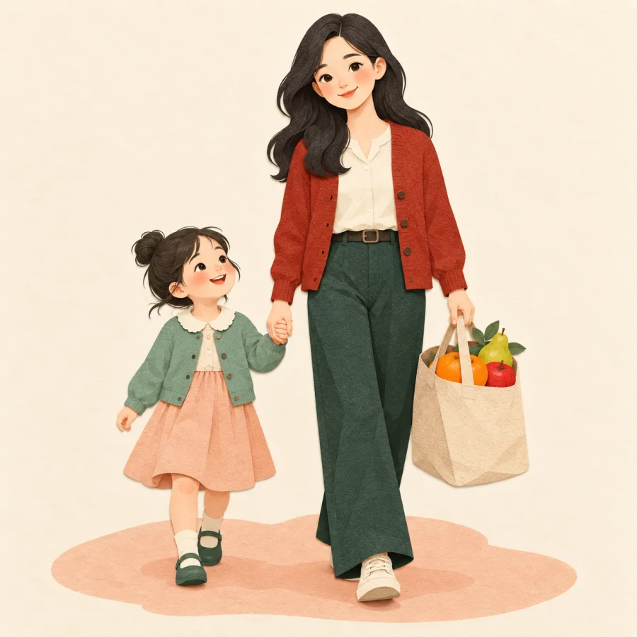 A smiling woman in red holds a child's hand