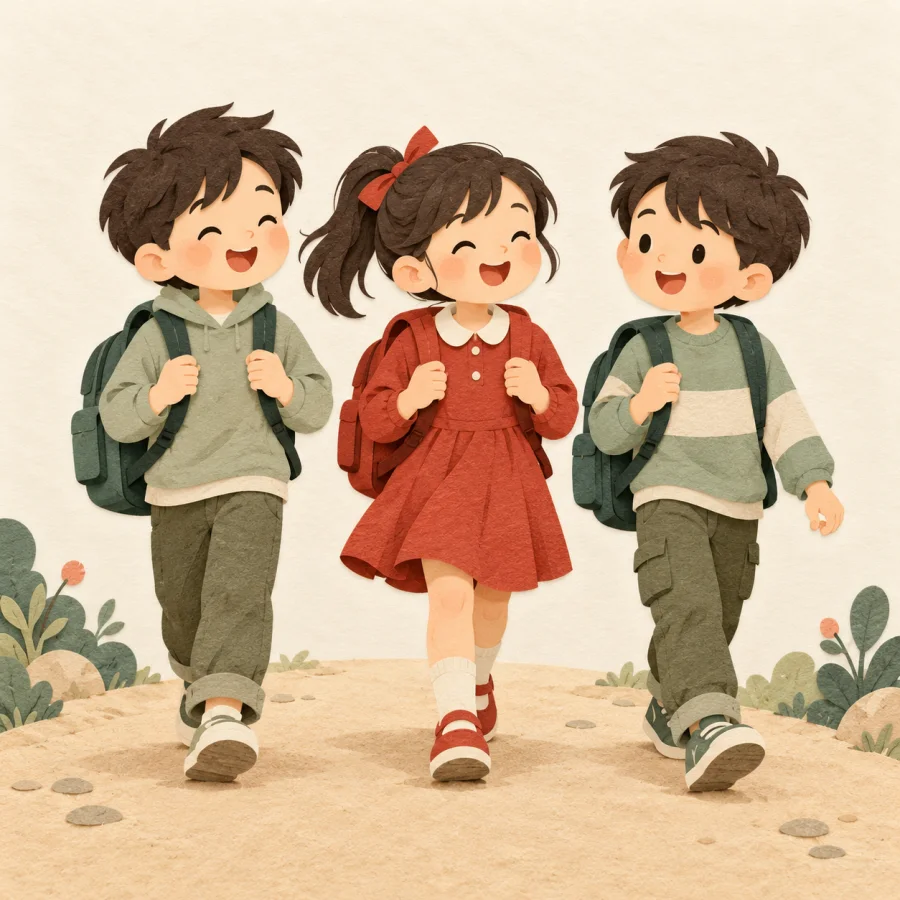 Three children with backpacks walk side by side on a path
