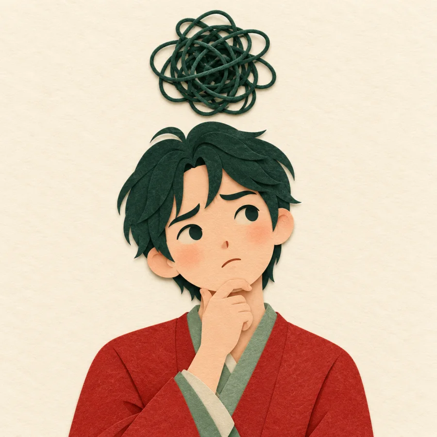 A puzzled person with a tangled ball of thread above