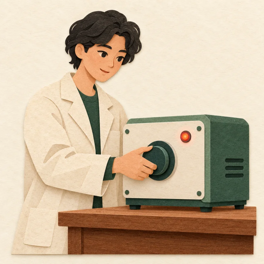 A scientist turns a dial on a machine with a lamp