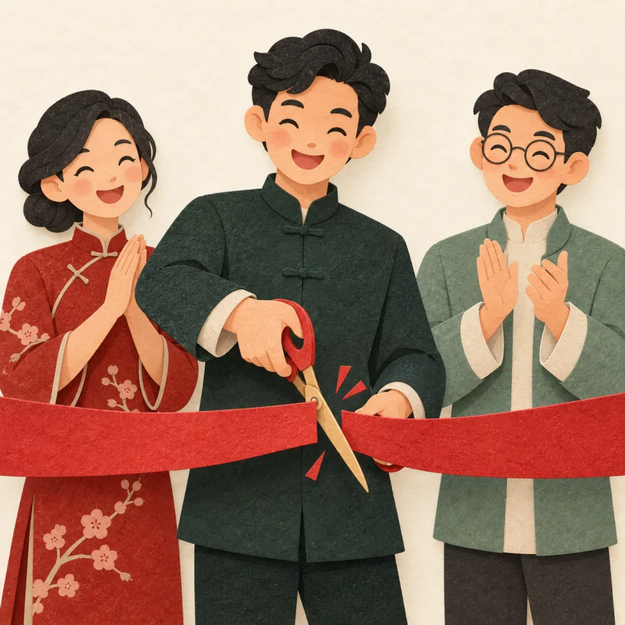 A person cuts a red ribbon while two people applaud