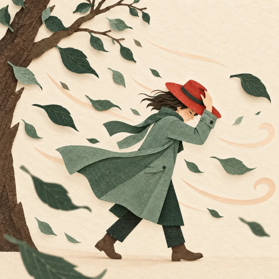 A gust of wind blows leaves as a person holds their hat