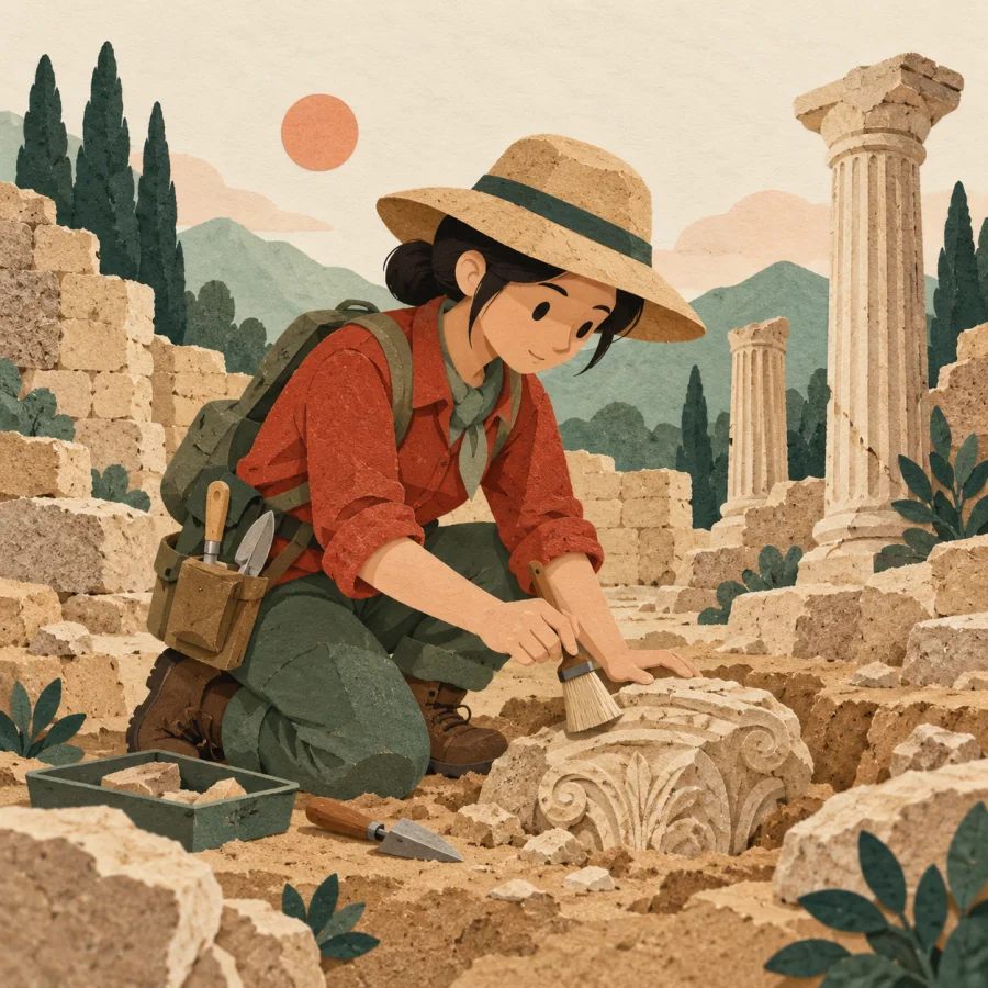 A person with a brush beside crumbling ancient stone walls