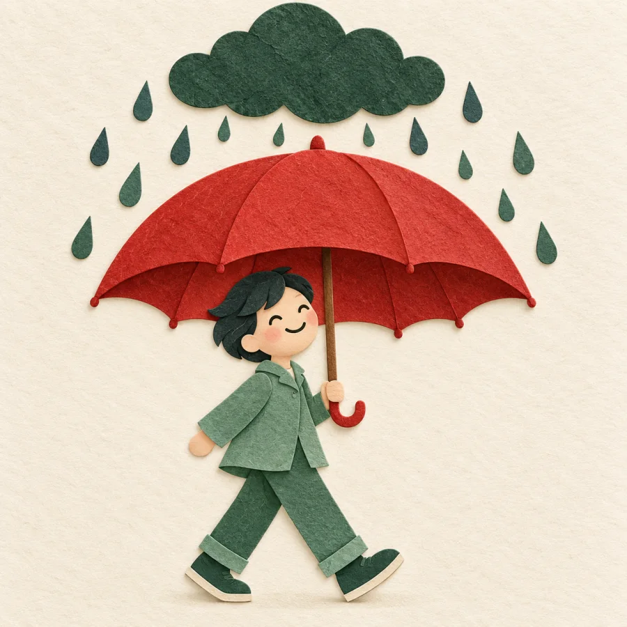 A person walks dry under a red umbrella in the rain