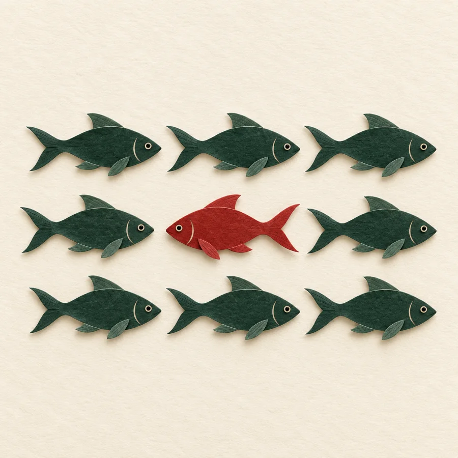 One red fish swims against a school of green fish