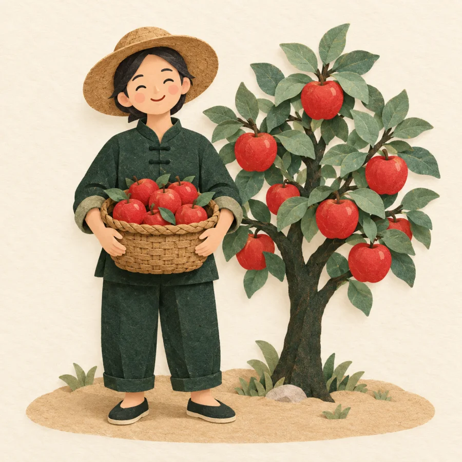 A smiling person with a basket of red apples by a tree