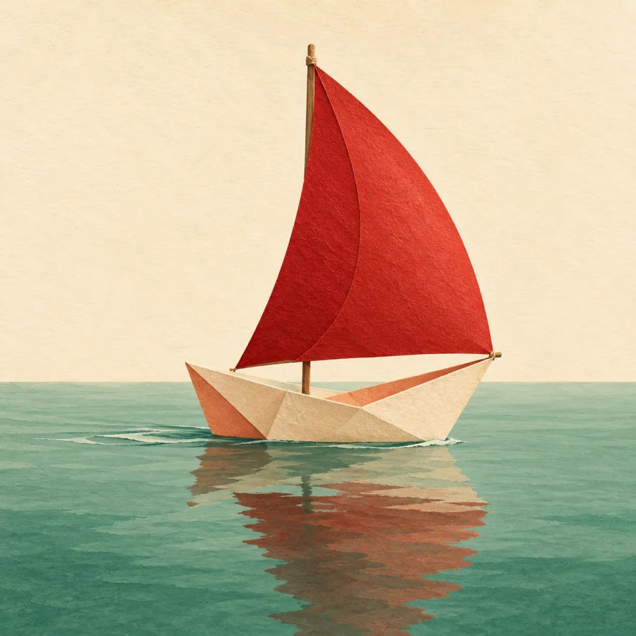 A paper boat with a red sail on calm water