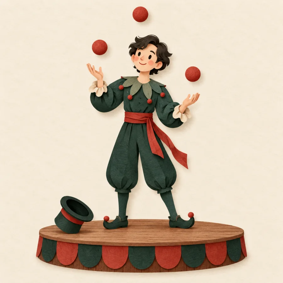 A performer juggles red balls on a small stage